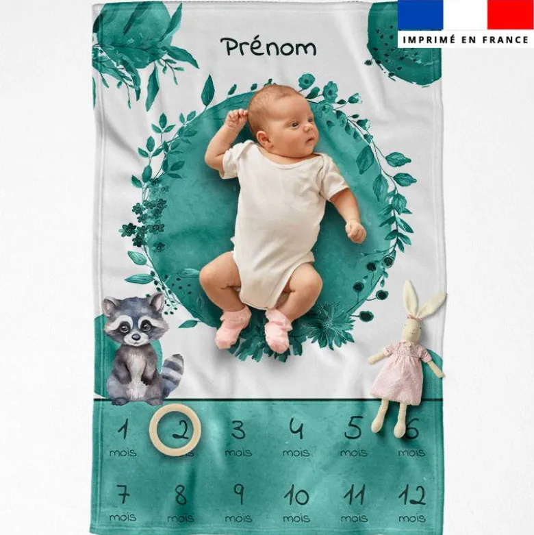 Coupon couverture mensuelle bébé personnalisée - Raton laveur aquarelle