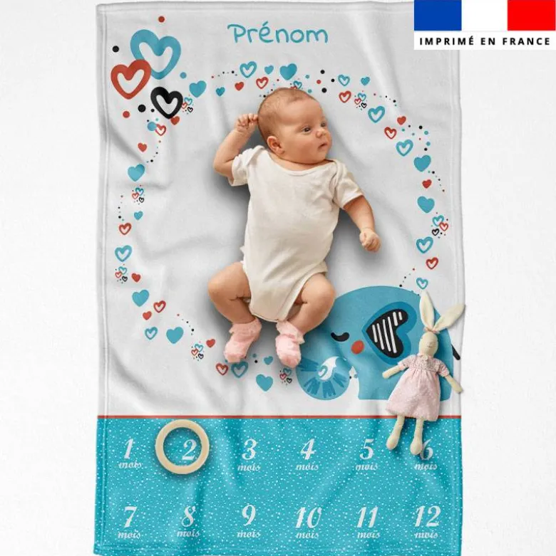 Coupon couverture mensuelle bébé personnalisée - Éléphant bleu