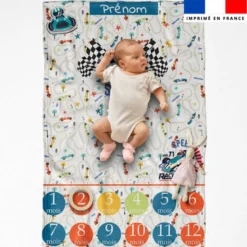 Coupon couverture mensuelle bébé personnalisée - Course de voiture