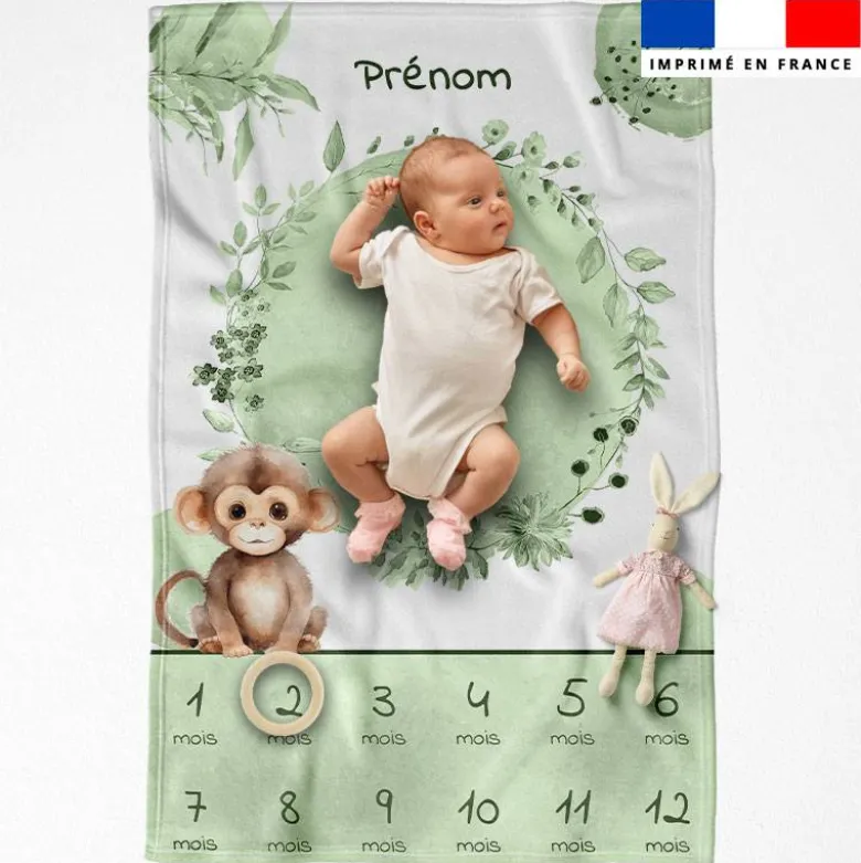 Coupon couverture mensuelle bébé personnalisée - Singe aquarelle