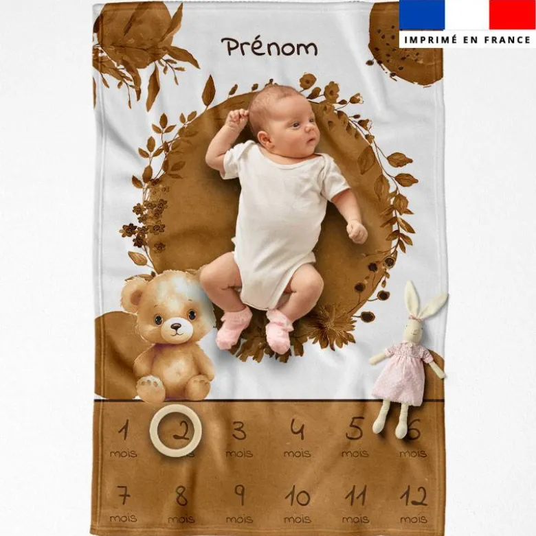 Coupon couverture mensuelle bébé personnalisée - Ourson aquarelle