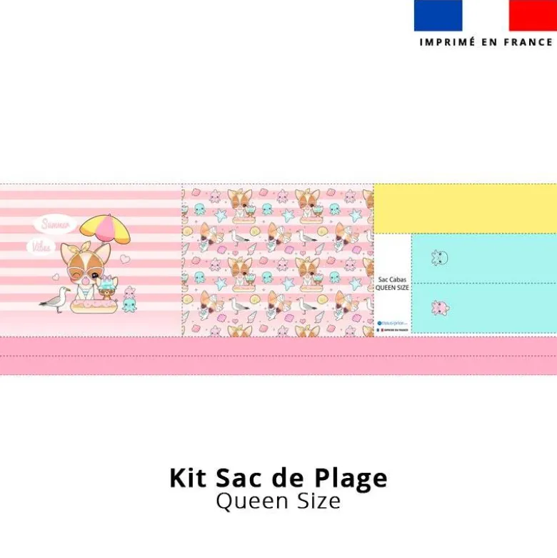 coupon - Kit couture sac cabas motif chiens summer vibes - Création Jolifox - Éponge 320 gr/m² - Queen (moyen)