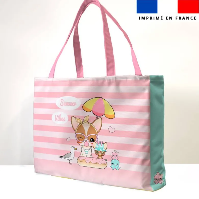 coupon - Kit couture sac cabas motif chiens summer vibes - Création Jolifox - Éponge 320 gr/m² - Queen (moyen)