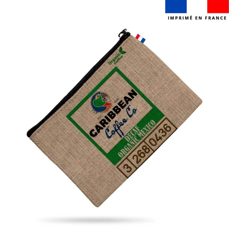 coupon - Kit pochette marron motif café effet jute - Simili cuir 550 gr/m² -