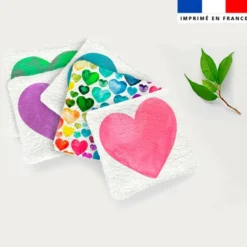 Coupon lingettes lavables + essuie-main motif coeurs multicolores aquarelle