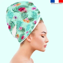 Coupon éponge pour serviette turban cheveux motif fleur tropicale vert
