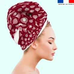 Coupon éponge pour serviette turban cheveux motif feuille ginkgo rouge
