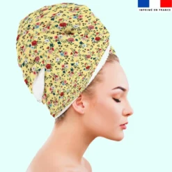 Coupon éponge pour serviette turban cheveux motif petites fleurs champêtres jaune