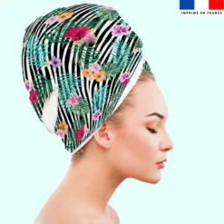 Coupon éponge pour serviette turban cheveux motif fleur tropicale et zébrures