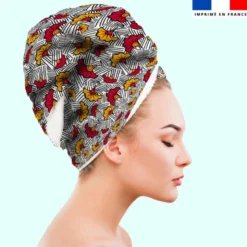 Coupon éponge pour serviette turban cheveux blanche motif fleur de mariage rouge et jaune wax