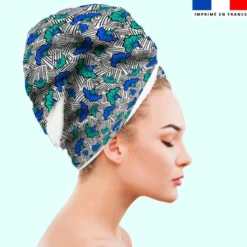 Coupon éponge pour serviette turban cheveux blanche motif fleur de mariage bleue et verte wax