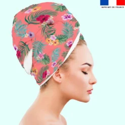 Coupon éponge pour serviette turban cheveux motif fleur tropicale corail