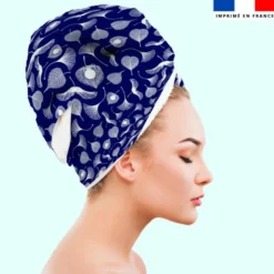 Coupon éponge pour serviette turban cheveux motif feuille ginkgo bleu