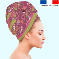 Coupon éponge pour serviette turban cheveux motif lapin printanier framboise - Création Stillistic