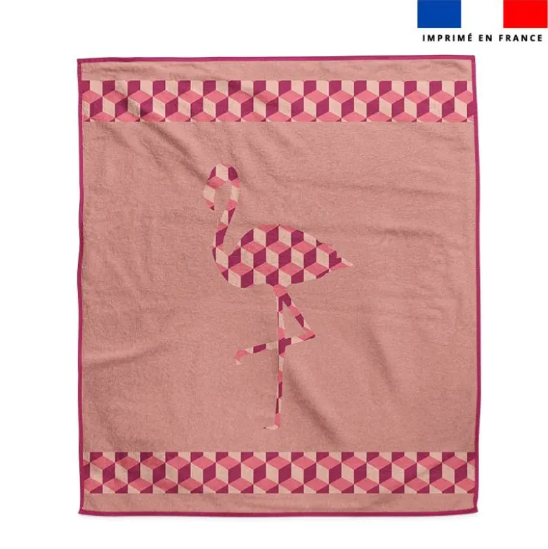 Coupon pour serviette de plage rose motif flamant cubique