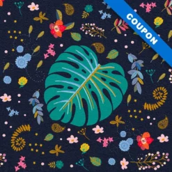 Coupon 45x45 cm bleu de minuit motif feuilles bleues et bleu-vert