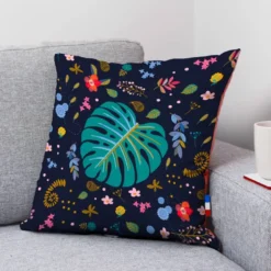 Coupon 45x45 cm bleu de minuit motif feuilles bleues et bleu-vert
