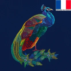 Coupon 45x45 cm bleu imprimé paon brodé