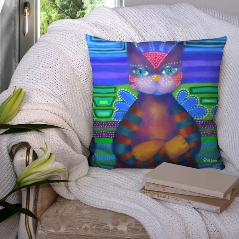 Coupon 45x45 cm motif chat bleu - Création Lita Blanc