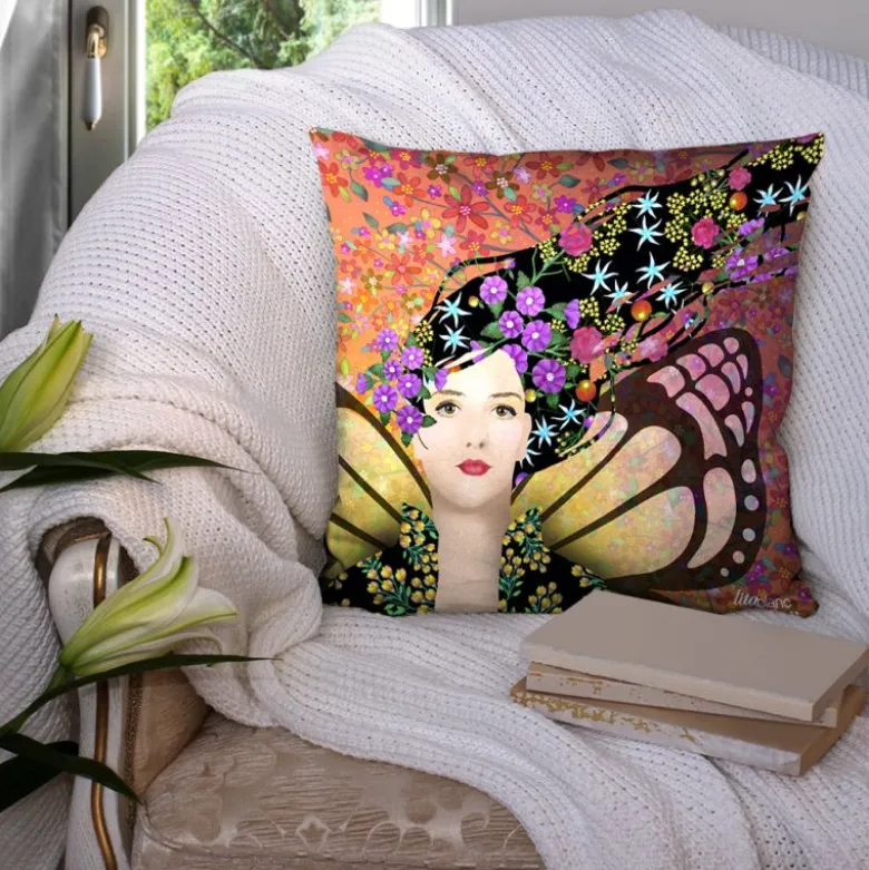 Coupon 45x45 cm motif diva papillon et fleurs - Création Lita Blanc