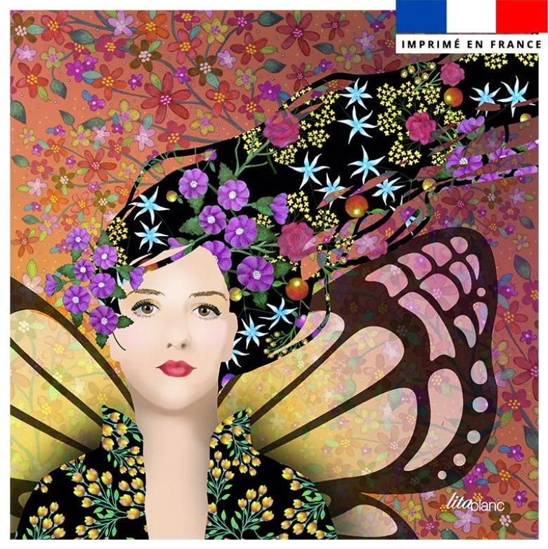 Coupon 45x45 cm motif diva papillon et fleurs - Création Lita Blanc