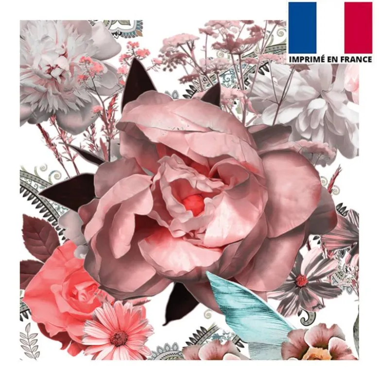 Coupon 45x45 cm motif grosses fleurs jungle et cachemire