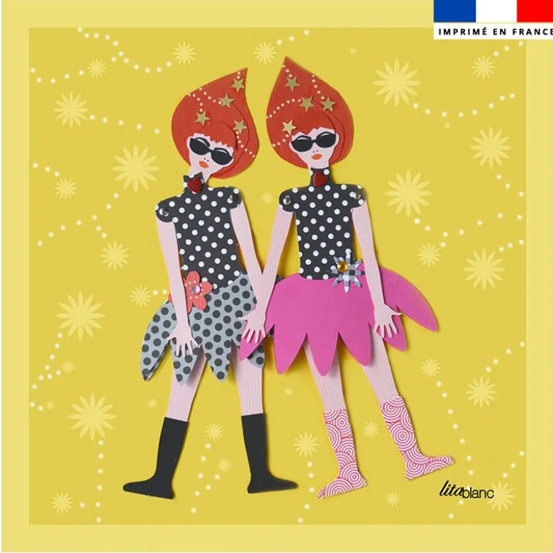 Coupon 45x45 cm motif poupée rétro jaune - Création Lita Blanc