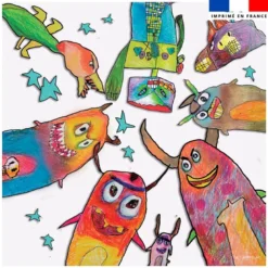 Coupon 45x45 cm motif ronde de monstres blancs - Création Lita Blanc