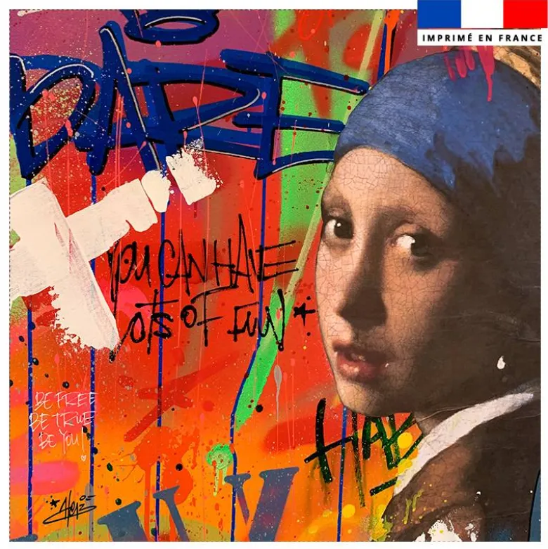 Coupon 45x45 cm multicolore motif jeune fille et graffiti - Création Alex Z