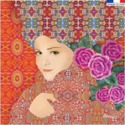 Coupon 45x45 cm orange motif diva et fleur rose - Création Lita Blanc