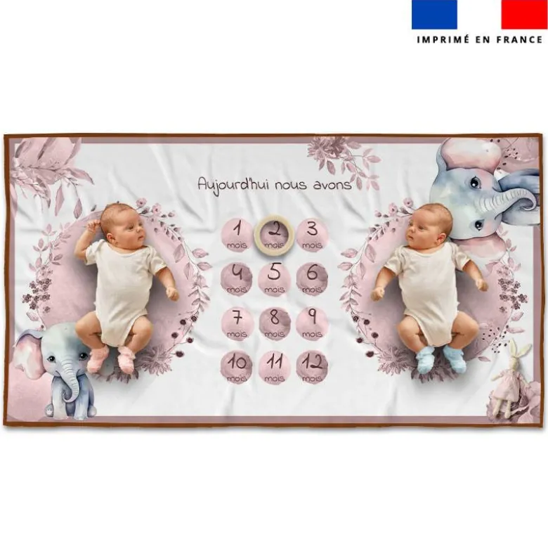 Coupon 135x74 cm pour couverture mensuelle jumeaux motif éléphant aquarelle