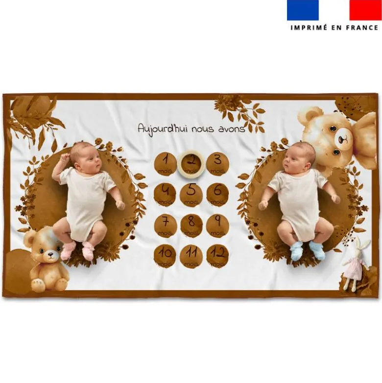 Coupon 135x74 cm pour couverture mensuelle jumeaux motif ourson aquarelle