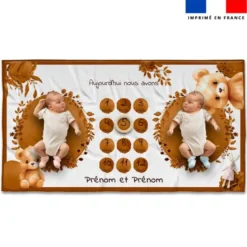 Coupon 135x74 cm pour couverture mensuelle jumeaux personnalisée - Ourson aquarelle