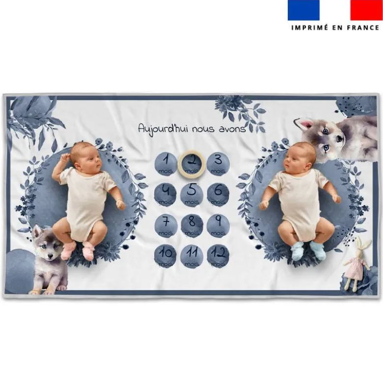 Coupon 135x74 cm pour couverture mensuelle jumeaux motif husky aquarelle