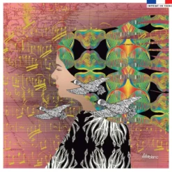 Coupon 45x45 cm rosé motif diva et oiseaux - Création Lita Blanc