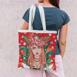 Coupon 45x45 cm rouge motif girl et couronne de fleurs - Création Pilar Berrio