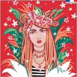 Coupon 45x45 cm rouge motif girl et couronne de fleurs - Création Pilar Berrio