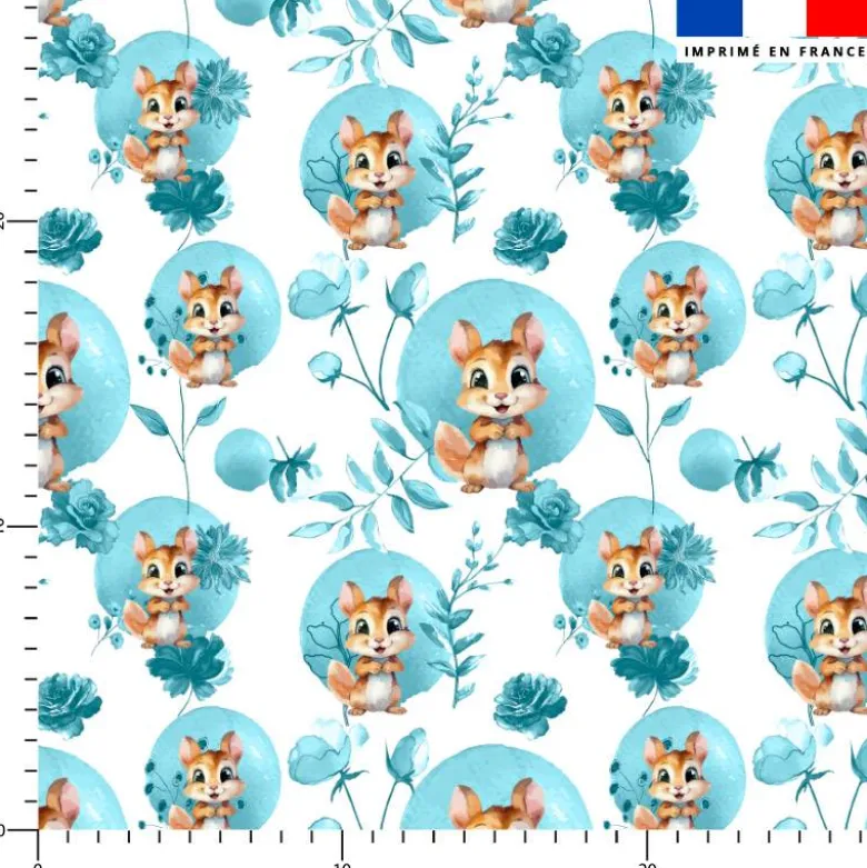 Écureuil fleurs et arrondis aquarelle bleu - Fond blanc