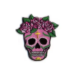 Écusson brodé "Calavera Fleurs" thermocollant rose