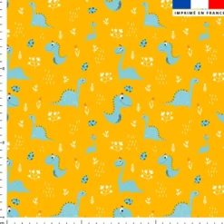 Dinosaure bleu souriant - Fond jaune ocre