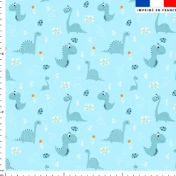 Dinosaure bleu souriant - Fond bleu clair