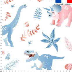 Dinosaure et feuilles bleu et rouge - Fond blanc