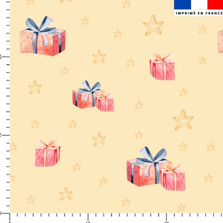 Etoiles et cadeaux de Noel - Fond jaune