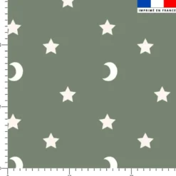 Etoiles et demi-lunes blanches - Fond vert kaki