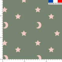 Etoiles et demi-lunes roses - Fond vert kaki