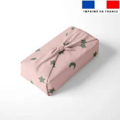 Etoiles et demi-lunes vert kaki - Fond rose