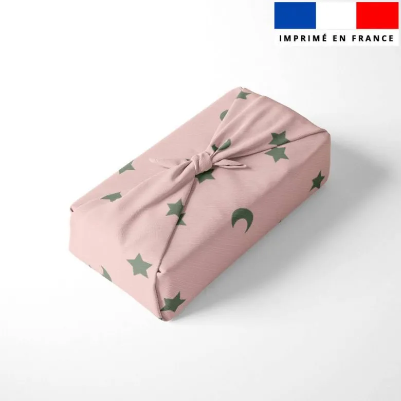 Etoiles et demi-lunes vert kaki - Fond rose