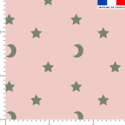 Etoiles et demi-lunes vert kaki - Fond rose