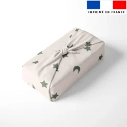 Etoiles et demi-lunes vert kaki - Fond beige