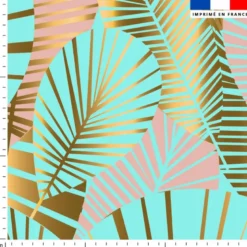 Feuilles art déco turquoise et or - Fond rose